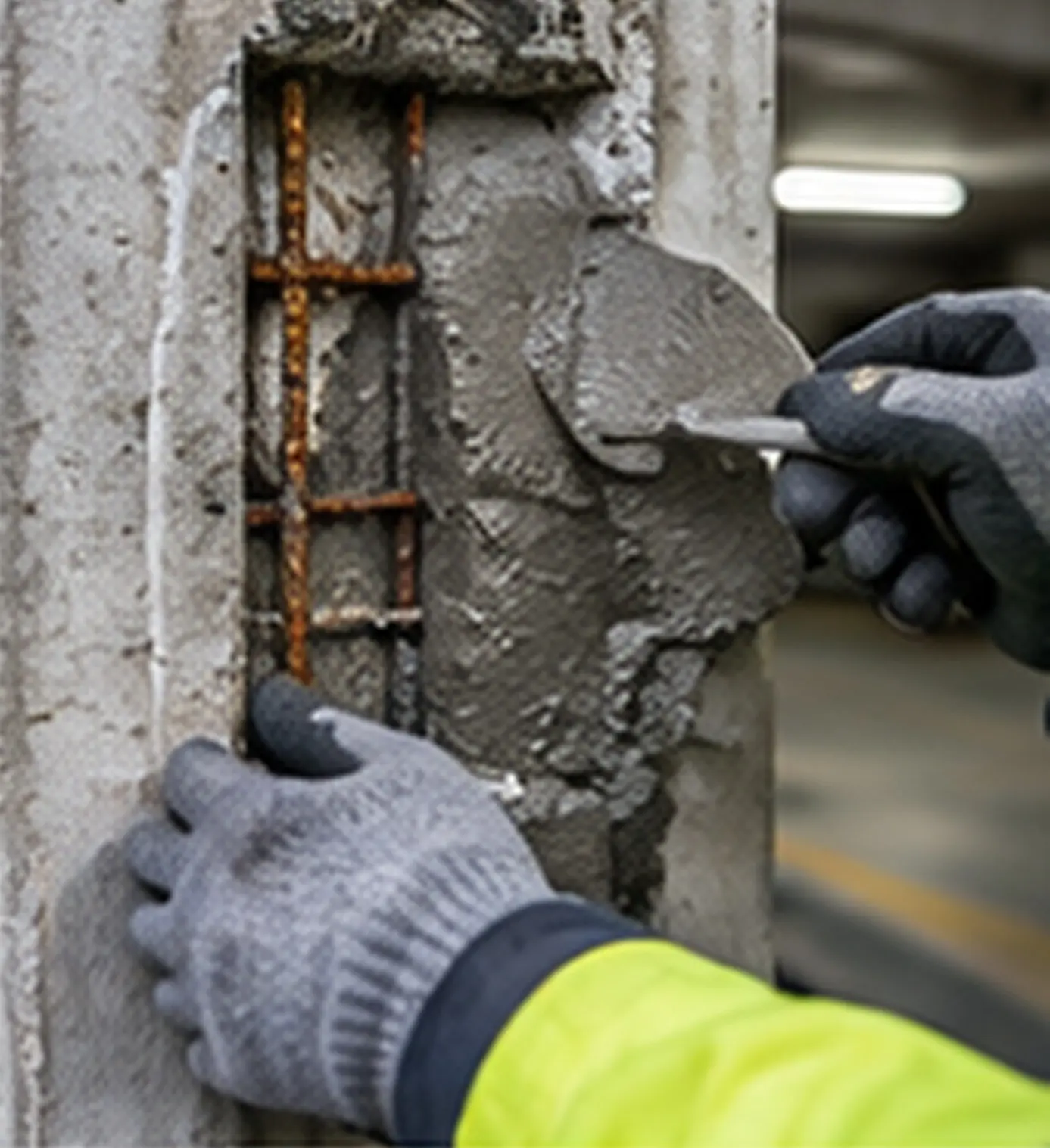 Repair mortar being trowelled into a prepared patch on a concrete column